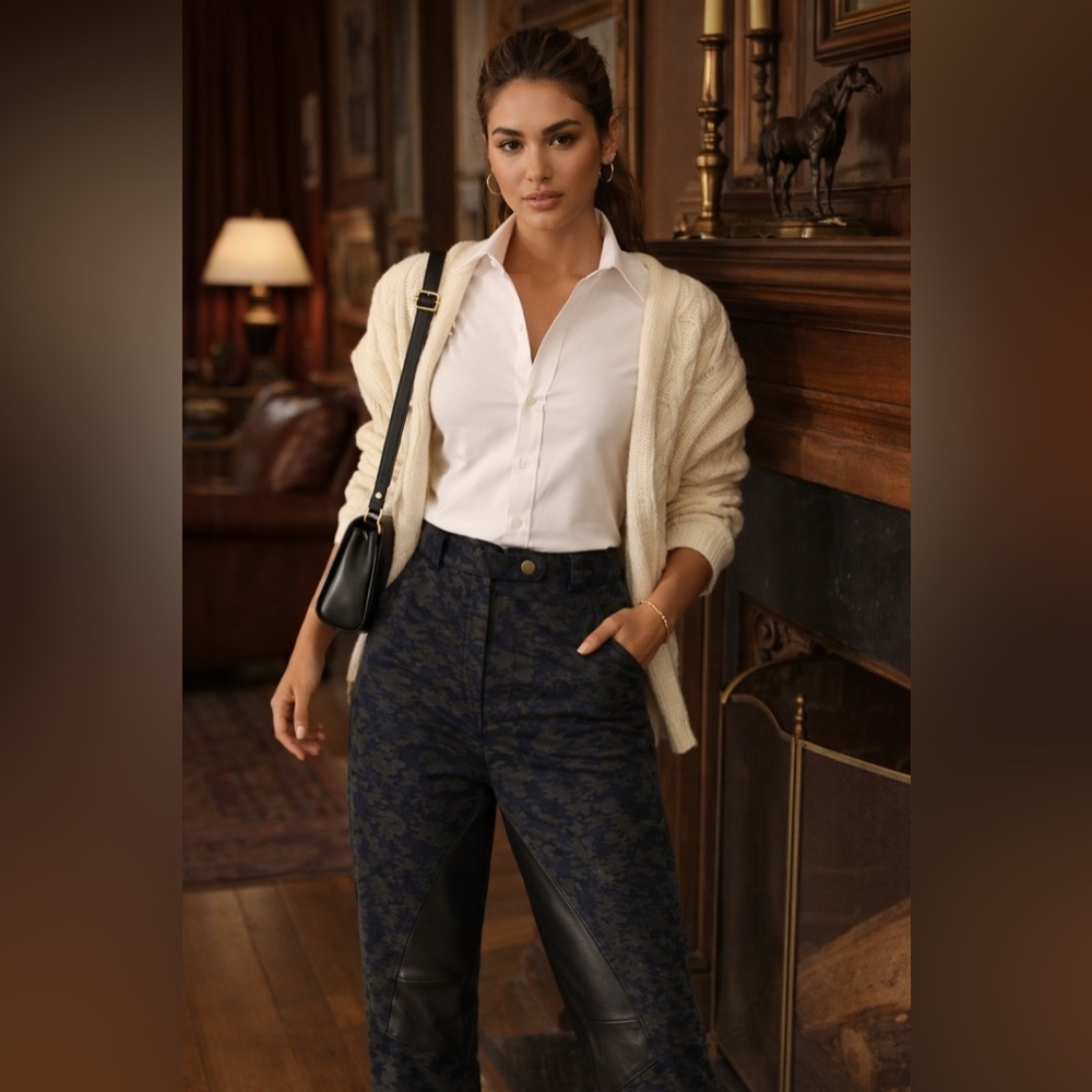 Roseanna Equestrian Inspired Made in France Camo Trousers with Leather Details